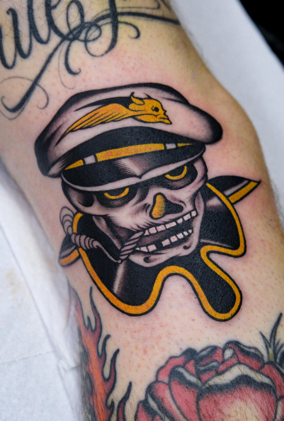 Biker skull with cigarette, traditional color tattoo done in Amsterdam