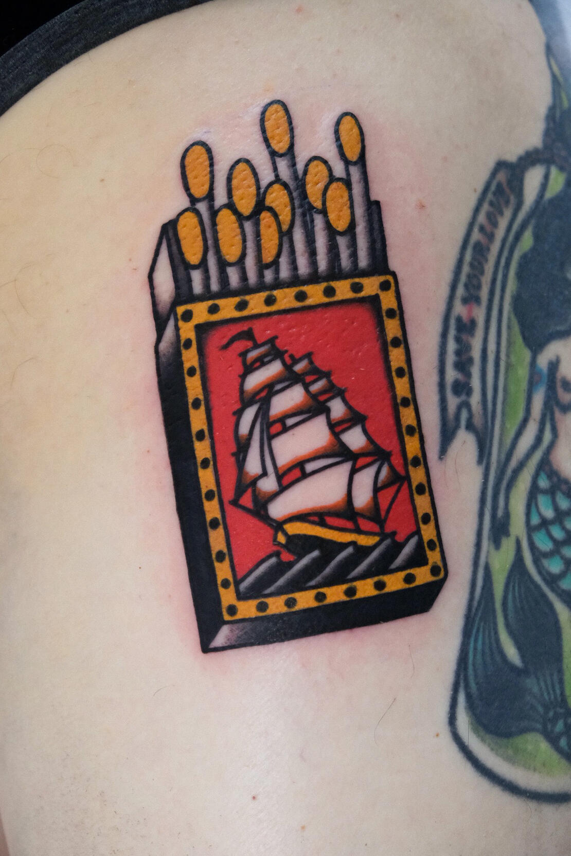 Matchbox with ship, american traditional tattoo made in Italy.