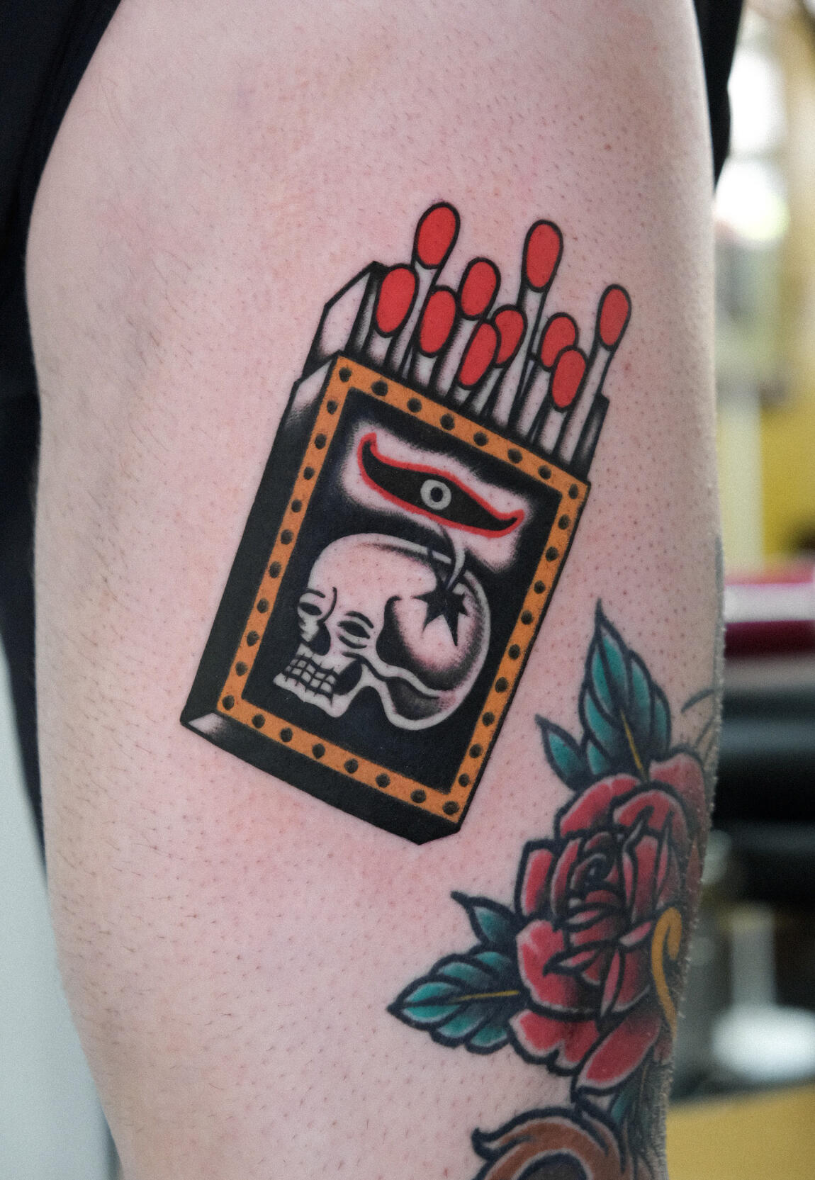 Matchbox skull tattoo, traditional tattoo inspired by Daniel Higgs